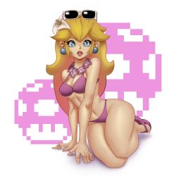Rule 34 | 1girl, absurdres, bare arms, bikini, blonde hair, blue eyes, breasts, cleavage, collar, corbiejack, earrings, feet, flower, full body, hair flower, hair ornament, highres, jewelry, legs, lips, logo, long hair, looking at viewer, lying, mario (series), medium breasts, navel, nintendo, on side, parted lips, pink bikini, pixel art, princess peach, sandals, sitting, solo, sunglasses, sunglasses on head, super mario odyssey, swimsuit, thick lips, white background