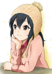 Rule 34 | 1girl, bad id, bad pixiv id, beanie, black hair, brown eyes, head rest, chullo, hand on own face, hat, jewelry, k-on!, kanau, knitted hat, leaning, long hair, looking away, nakano azusa, necklace, plaid, plaid shirt, pom pom (cheerleading), red eyes, shirt, smile, solo, sweater, twintails