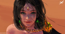 Rule 34 | 1girl, artist name, bare shoulders, black hair, character request, copyright name, crescent, crescent earrings, earrings, eyelashes, freckles, ghostblade, green eyes, head chain, highres, jewelry, light smile, looking at viewer, necklace, patreon username, portrait, short hair, solo, watermark, wlop