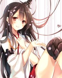 Rule 34 | 1girl, bare shoulders, black hair, breasts, detached sleeves, flower, fusou (kancolle), hair flower, hair ornament, japanese clothes, kantai collection, long hair, looking at viewer, medium breasts, nontraditional miko, one-hour drawing challenge, red eyes, smile, solo, toosaka asagi
