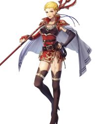 1girl asymmetrical_gloves boots dress earrings fingerless_gloves fire_emblem fire_emblem:_the_blazing_blade fire_emblem_heroes gloves gold_trim high_heel_boots high_heels highres holding holding_polearm holding_weapon jewelry lance lipstick makeup microdress mismatched_gloves nintendo non-web_source polearm red_lips scar scar_across_eye scar_on_leg short_hair side_slit solo thigh_boots vaida_(fire_emblem) very_short_hair weapon