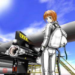 Rule 34 | 1960s (style), 1girl, aircraft, airplane, brown eyes, cloud, day, english text, experimental aircraft, from behind, geitassha, genderswap, genderswap (mtf), gloves, helmet, nasa, neil armstrong, oldschool, orange hair, pilot suit, real life, retro artstyle, rocket-powered aircraft, solo, spacecraft, spaceplane, spacesuit, sun, x-15