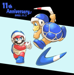 Rule 34 | 1boy, absurdres, anniversary, aogaeru (pixiv46613656), black background, blue background, blue eyes, blue footwear, blue headwear, boomerang, boomerang bro, boomerang mario, brown hair, closed mouth, commentary request, dated, facial hair, fighting, frown, gloves, helmet, highres, holding, jumping, long sleeves, looking at another, mario, mario (series), mustache, nintendo, red shirt, shirt, shoes, short hair, standing, super mario 3d land, throwing, turtle shell, two-tone background, v-shaped eyebrows, white gloves