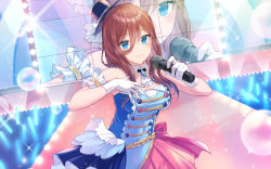 Rule 34 | 1girl, absurdres, akitsuki (oenothera), alternate costume, armlet, ascot, blue dress, blue eyes, blush, breasts, brooch, brown hair, bubble, cleavage, closed mouth, commentary request, concert, cowboy shot, crowd, detached collar, dress, gloves, glowstick, go-toubun no hanayome, hair between eyes, hat, highres, holding, holding microphone, idol, jewelry, large breasts, lens flare, light particles, light rays, long hair, looking at viewer, microphone, mini hat, mini top hat, multicolored clothes, multicolored dress, nakano miku, screen, smile, solo focus, spotlight, stage, stage lights, standing, top hat, white gloves