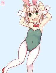 Rule 34 | 1girl, animal ears, blonde hair, blue background, blush, covered navel, detached collar, fake animal ears, gluteal fold, green eyes, green leotard, high heels, kanon (kurogane knights), kantai collection, leotard, looking at viewer, one-hour drawing challenge, open mouth, pantyhose, playboy bunny, rabbit ears, shimushu (kancolle), shimushu pose, short hair, simple background, smile, solo, strapless, white pantyhose, wrist cuffs