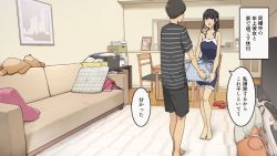 Rule 34 | 1boy, 1girl, bag, barefoot, black hair, black shorts, blue shorts, chair, commentary request, couch, indoors, looking at another, open mouth, original, pillow, ponytail, short hair, shorts, speech bubble, standing, stuffed animal, stuffed toy, table, teddy bear, television, translation request, wakamatsu372