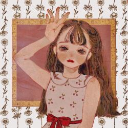 Rule 34 | 1girl, bare arms, blunt bangs, blush, bow, brown hair, cherry print, closed mouth, collared dress, commentary request, dress, expressionless, eyelashes, fingernails, floral background, flower, food print, freckles, grey eyes, hand on own head, highres, kusunoki satomi, lipstick, long hair, looking at viewer, makeup, original, picture frame, pink dress, red bow, red lips, sleeveless, sleeveless dress, solo, sunflower, thick eyebrows, upper body, waist bow, white background