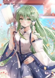 Rule 34 | 1girl, bare shoulders, blue skirt, blurry, blurry background, blush, breasts, detached sleeves, expressionless, frog hair ornament, gohei, green eyes, green hair, hair ornament, hair tubes, hand up, highres, holding, holding stick, kochiya sanae, large breasts, long hair, maruro, parted lips, shirt, simple background, skirt, snake hair ornament, solo, stick, touhou, upper body, very long hair, white background, white shirt, wide sleeves