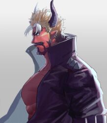 Rule 34 | 1boy, another eidos-r, bara, bare pectorals, coat, colored skin, demon boy, demon horns, dyed bangs, from side, highres, horns, large pectorals, long sideburns, looking ahead, male focus, mature male, muscular, muscular male, mustache, neumo, no nipples, open clothes, open coat, pectorals, pointy ears, red skin, satan (another eidos), short hair, sideburns, solo, thick eyebrows, thick mustache, upper body