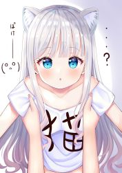 Rule 34 | ..., 1girl, ?, animal ear fluff, animal ears, blouse, blue eyes, blush, breasts, character request, collarbone, highres, japanese text, long hair, looking at viewer, mizukoshi (marumi), shirt, silver hair, small breasts, white shirt