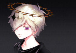 Rule 34 | 1boy, antenna hair, black background, black shirt, bright pupils, closed mouth, collarbone, colored eyelashes, commentary request, expressionless, gradient background, hair over one eye, half-closed eyes, halo, kazehiki (utau), long bangs, looking at viewer, male focus, mezazzz, one eye covered, portrait, purple eyes, shirt, short eyebrows, short hair, solo, sparkle hair ornament, utau, white pupils