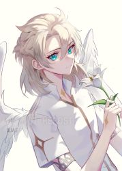 Rule 34 | 0jae, 1boy, absurdres, albedo (genshin impact), aqua eyes, closed mouth, feathered wings, flower, genshin impact, grey hair, hair between eyes, highres, holding, holding flower, looking at viewer, male focus, scar, scar on neck, shirt, simple background, solo, upper body, watermark, white flower, white shirt, white wings, wings