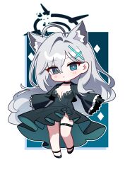 Rule 34 | 1girl, absurdres, ahoge, animal ear fluff, animal ears, black choker, black dress, black footwear, black gloves, blue archive, blue eyes, blush, breasts, choker, closed mouth, cross hair ornament, dark halo, dress, extra ears, full body, gloves, grey hair, hair between eyes, hair ornament, halo, highres, jorang (jorang08), large breasts, long hair, long sleeves, mismatched pupils, shiroko (blue archive), shiroko terror (blue archive), shoes, solo, thigh strap, wide sleeves, wolf ears