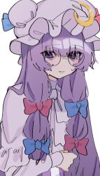 Rule 34 | 1girl, bespectacled, blue bow, blue ribbon, blush, bow, capelet, commentary, crescent, crescent hat ornament, crescent pin, dress, glasses, hair bow, hat, hat ornament, highres, long hair, looking at viewer, mob cap, patchouli knowledge, purple bow, purple dress, purple eyes, purple hair, red bow, red ribbon, ribbon, sabapi oo, sidelocks, simple background, solo, striped clothes, striped dress, touhou, upper body, white background