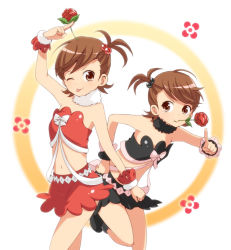 Rule 34 | 2girls, :&gt;, :p, ;p, bare shoulders, bow, brown eyes, brown hair, flipped hair, flower, futami ami, futami mami, hair bobbles, hair ornament, idolmaster, idolmaster (classic), maro nie, mouth hold, multiple girls, navel, one eye closed, rose, short hair, siblings, side ponytail, sisters, skirt, smile, tongue, tongue out, twins, wink, wristband