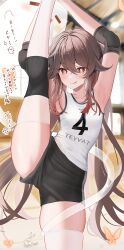 Rule 34 | 1girl, :q, alternate costume, armpits, arms up, black shorts, blurry, blurry background, blush, boo tao (genshin impact), brown hair, commentary request, covered navel, cowboy shot, elbow pads, flexible, flower-shaped pupils, genshin impact, highres, hu tao (genshin impact), kabu usagi, knee pads, looking ahead, low twintails, number print, paid reward available, print shirt, shirt, short shorts, shorts, sidelocks, signature, skindentation, sleeveless, sleeveless shirt, solo, split, sportswear, standing, standing on one leg, standing split, symbol-shaped pupils, thick thighs, thighhighs, thighs, tongue, tongue out, translation request, twintails, v-shaped eyebrows, volleyball uniform, white shirt, white thighhighs