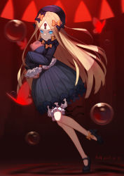 Rule 34 | 1girl, abigail williams (fate), black bow, black dress, black footwear, black hat, blonde hair, bloomers, blue eyes, bow, bubble, bug, butterfly, closed mouth, commentary request, dated, dress, fate/grand order, fate (series), hair bow, hands in opposite sleeves, hat, high heels, highres, hugging object, insect, keyhole, long hair, long sleeves, looking at viewer, looking to the side, mary janes, orange bow, parted bangs, polka dot, polka dot bow, red background, shoes, solo, standing, standing on one leg, stuffed animal, stuffed toy, teddy bear, tiptoes, ttheyue, underwear, v-shaped eyebrows, very long hair, white bloomers