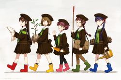 Rule 34 | 5girls, absurdres, bag, beret, black hair, blue hair, boots, braid, brown hair, child, choker, compass, dated, closed eyes, full body, glasses, green neckerchief, hair bun, hair ribbon, hat, highres, long hair, looking at another, map, multiple girls, neckerchief, ooyari ashito, open mouth, original, pantyhose, pleated skirt, pole, red hair, red ribbon, redrawn, ribbon, round eyewear, rubber boots, sailor collar, sapling, school uniform, shadow, short hair, shoulder bag, shovel, signature, simple background, single hair bun, skirt, smile, socks, stick, twintails, walking, watering can