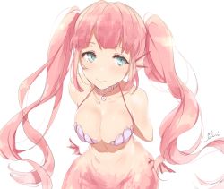 Rule 34 | 1girl, bad id, bad pixiv id, bikini, bikini top only, blue eyes, breasts, choker, cleavage, fins, highres, long hair, looking at viewer, mermaid, monster girl, original, pink hair, simple background, solo, swimsuit, twintails, uni (melm), very long hair