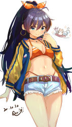 Rule 34 | 1girl, antenna hair, belt, bikini, black choker, black hair, blue eyes, blue jacket, blush, breasts, brown belt, choker, cleavage, collarbone, commentary, cowboy shot, cutoffs, dated, denim, denim shorts, earrings, eyebrows hidden by hair, ganaha hibiki, hair between eyes, hair ribbon, hamster, hamuzou, hand up, highleg, highleg bikini, highres, hoop earrings, idolmaster, idolmaster (classic), jacket, jewelry, long hair, long sleeves, looking at viewer, medium breasts, midriff, multicolored clothes, multicolored jacket, navel, off-shoulder jacket, off shoulder, orange bikini, orange ribbon, ponytail, qs11, ribbon, short shorts, shorts, side-tie bikini bottom, sidelocks, signature, simple background, smile, solo focus, standing, swimsuit, two-tone jacket, white background, yellow sleeves