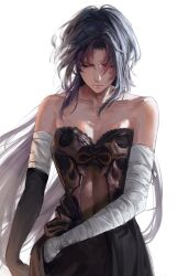 Rule 34 | 1girl, adjusting dress, bandaged arm, bandaged fingers, bandaged hand, bandages, bare shoulders, black dress, black gloves, black hair, blade (honkai: star rail), breasts, cleavage, closed eyes, closed mouth, collarbone, commentary, covered navel, dress, elbow gloves, english commentary, facing down, genderswap, genderswap (mtf), gloves, highres, honkai: star rail, honkai (series), long hair, luxearte, medium breasts, parted bangs, see-through, simple background, single elbow glove, solo, very long hair, white background