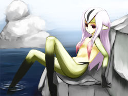 Rule 34 | 1girl, ao no roku-gou, cloud, colored skin, female focus, flat chest, from side, full body, long hair, monster girl, multicolored skin, mutio, non-web source, nude, ocean, outdoors, pointy ears, purple hair, rock, sitting, sitting on rock, sky, solo, water, yellow skin
