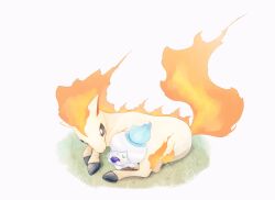 Rule 34 | absurdres, alternate color, black eyes, blue fire, closed eyes, closed mouth, creatures (company), fire, fireblast, game freak, gen 1 pokemon, gen 5 pokemon, highres, horse, litwick, nintendo, no humans, on grass, pokemon, pokemon (creature), ponyta, shiny pokemon, simple background, sitting, smile, white background