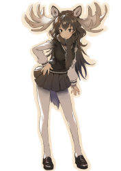 Rule 34 | 10s, 1girl, animal ears, antlers, black eyes, black skirt, blush, brown hair, commentary request, full body, fur, hair between eyes, horns, kemono friends, loafers, long hair, long sleeves, looking at viewer, matsuda (matsukichi), moose (kemono friends), moose ears, moose tail, pantyhose, pleated skirt, scarf, shoes, skirt, smile, solo, standing, sweater vest, tail, white pantyhose