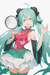 Rule 34 | 1girl, aqua eyes, aqua hair, aqua thighhighs, bare shoulders, blush, china dress, chinese clothes, detached sleeves, dress, hatsune miku, highres, long hair, looking at viewer, nvik, open mouth, simple background, skirt, smile, solo, thighhighs, twintails, very long hair, vocaloid, white background, white skirt, zettai ryouiki