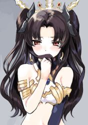 Rule 34 | 1girl, armlet, bare shoulders, black hair, black ribbon, blush, breasts, covered mouth, crown, detached sleeves, earrings, eyebrows, facing viewer, fate/grand order, fate (series), gem, grey background, hair intakes, hair ribbon, holding, holding hair, hoop earrings, ishtar (fate), jewelry, long hair, long sleeves, medu (rubish), midriff, navel, red eyes, ribbon, sidelocks, single sleeve, small breasts, solo, stomach, two side up