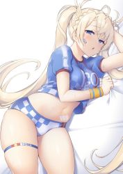 Rule 34 | 1girl, :o, alternate costume, bikini, bikini bottom only, blonde hair, blue eyes, bodypaint, bradamante (fate), braid, breasts, clothes lift, commentary request, crown braid, facepaint, fate/grand order, fate (series), french braid, hair between eyes, jersey, large breasts, logo, long hair, lying, navel, on bed, on side, pinta (ayashii bochi), shirt, shirt lift, short sleeves, skindentation, solo, swimsuit, thigh strap, towel, underboob, very long hair, white background, wristband
