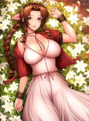 Rule 34 | 1girl, aerith gainsborough, arm up, blush, bracelet, braid, braided ponytail, breasts, choker, church, cleavage, cropped jacket, dress, final fantasy, final fantasy vii, final fantasy vii remake, flower, flower bed, green eyes, hair ribbon, highres, jacket, jacket partially removed, jewelry, large breasts, long dress, lying, on back, parted bangs, parted lips, pink dress, red jacket, ribbon, sidelocks, solo, umasan, upper body, wavy hair, white flower, wooden floor