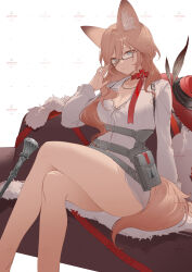 Rule 34 | 1girl, absurdres, adjusting eyewear, animal ear fluff, animal ears, arknights, ass, bare legs, bespectacled, black ribbon, blue eyes, breasts, brown hair, can, cat ears, cat girl, cleavage, commentary, commission, couch, dress, english text, feather boa, feet out of frame, glasses, hat, hat ribbon, heidi (arknights), highres, holster, infection monitor (arknights), large breasts, legs, long hair, long sleeves, looking at viewer, neck ribbon, pouch, rectangular eyewear, red hat, red ribbon, ribbon, shibuya (kurokamishain), smile, solo, thighs, white dress