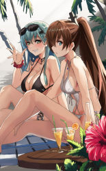 Rule 34 | 2girls, aqua hair, beach, bikini, black bikini, blue eyes, blush, breasts, brown hair, choker, collarbone, commentary, cup, flower, green eyes, grin, hair ornament, hairclip, hand up, hibiscus, kantai collection, kumano (kancolle), large breasts, long hair, looking at viewer, medium breasts, multiple girls, one-piece swimsuit, open mouth, palm tree, ponytail, seven (shijima), sitting, smile, stomach, string bikini, suzuya (kancolle), swimsuit, table, thighlet, thighs, tree, tropical drink, white one-piece swimsuit