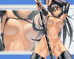 Rule 34 | 1girl, areola slip, bikini, bikini top only, black gloves, black hair, breasts, censored, convenient censoring, dukhoo, elbow gloves, eyebrows, gloves, large breasts, legs, long hair, muscular, navel, nipples, solo, sun-3, swimsuit, thighhighs, thighs, wallpaper, zoom layer