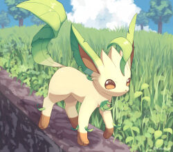 Rule 34 | animal focus, brown eyes, cloud, commentary request, creatures (company), day, game freak, gen 4 pokemon, grass, highres, ibusaki (ivu), leafeon, looking at viewer, nintendo, no humans, outdoors, pokemon, pokemon (creature), sky, solo, standing, tree