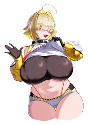 Rule 34 | 1girl, absurdres, ahoge, bare shoulders, blonde hair, blush, breasts, brown gloves, cameltoe, cowboy shot, cropped legs, curvy, elegg (nikke), fang, gloves, goddess of victory: nikke, hair intakes, hair over eyes, highres, huge breasts, lifting own clothes, long bangs, medium hair, multicolored hair, navel, open mouth, plump, short hair, short shorts, shorts, simple background, skindentation, solo, suspender shorts, suspenders, thick thighs, thighs, two-tone hair, white background, yuudokou shounen
