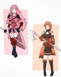 Rule 34 | 2girls, :d, axe, breasts, cosplay, costume switch, female focus, fire emblem, fire emblem: three houses, full body, gloves, highres, hilda valentine goneril, holding, holding axe, holding spear, holding weapon, large breasts, leonie pinelli, long hair, matching hair/eyes, multiple girls, mumemo1443, nintendo, open mouth, orange eyes, orange gloves, orange hair, pink eyes, pink hair, polearm, short shorts, shorts, smile, spear, weapon, white background