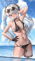 Rule 34 | 1girl, absurdres, arm behind head, armpits, bare arms, bare legs, bare shoulders, black choker, black gloves, black tail, blue archive, blush, breasts, choker, closed mouth, collarbone, cowboy shot, day, demon tail, educk, eyewear on head, gloves, grey hair, grey halo, hair over one eye, halo, highres, iori (blue archive), iori (swimsuit) (blue archive), long hair, looking at viewer, navel, outdoors, partially submerged, red eyes, small breasts, solo, sunglasses, tail, thigh strap, twintails, underboob, water