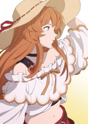 Rule 34 | 1girl, arm at side, arm up, belt, brown hair, closed mouth, gradient background, granblue fantasy, grey eyes, hand on headwear, hat, lecia (granblue fantasy), long hair, midriff, mifuta, navel, off-shoulder shirt, off shoulder, red shorts, shirt, shorts, solo, sun hat, upper body, white shirt