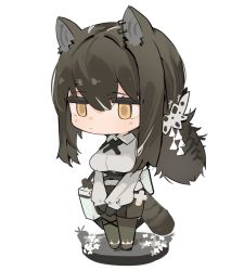 Rule 34 | 1girl, animal ears, arknights, bad id, bad pixiv id, black gloves, black necktie, black shorts, breasts, brown hair, chibi, collared shirt, cross tie, full body, gloves, green pantyhose, grey background, highres, jitome, large breasts, long hair, long sleeves, mikozin, necktie, pantyhose, pantyhose under shorts, ponytail, raccoon ears, raccoon girl, raccoon tail, robin (arknights), shirt, shorts, simple background, solo, standing, tail, white shirt, yellow eyes