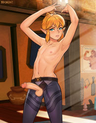 Rule 34 | 1boy, adjusting hair, armpits, arms up, belt, blonde hair, blue eyes, blush, caustic crayon, censored, collarbone, elf, erection, gluteal fold, has uncensored version, indoors, link, looking at viewer, male focus, mosaic censoring, navel, nintendo, nipples, parted lips, penis, pointy ears, skin tight, solo, the legend of zelda, topless male, trap
