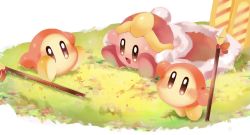 Rule 34 | aisu prpr, cape, cosplay, flower, grass, hat, king dedede, king dedede (cosplay), kirby, kirby (series), looking at another, nintendo, polearm, red cape, red headwear, smile, spear, waddle dee, weapon
