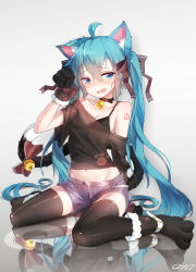 Rule 34 | 1girl, ahoge, alternate costume, animal ears, animal hands, arm behind back, arm up, bare shoulders, bell, black bow, black bra, black footwear, black gloves, black thighhighs, blue eyes, blue hair, bow, bra, breasts, cat ears, cat girl, cat tail, cleavage, collar, collarbone, commentary request, embarrassed, full body, fur-trimmed footwear, fur-trimmed gloves, fur trim, gloves, gradient background, grey background, grey shorts, hair between eyes, hair bow, hatsune miku, head tilt, highres, jingle bell, long hair, medium breasts, navel, number tattoo, off shoulder, open clothes, open fly, open shorts, paw gloves, paw pose, paw print, paw shoes, qys3, red bow, reflection, reflective floor, revision, shoes, short shorts, shorts, shoulder tattoo, signature, simple background, sitting, solo, tail, tail bell, tail bow, tail ornament, tattoo, tears, thighhighs, twintails, unbuttoned, underwear, very long hair, vocaloid, wariza, white background
