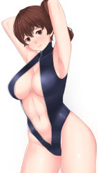 Rule 34 | 10s, 1girl, armpits, arms up, breasts, brown eyes, brown hair, franham, front zipper swimsuit, highres, huge breasts, kaga (kancolle), kantai collection, meme attire, one-piece swimsuit, short hair, side ponytail, simple background, smile, solo, swimsuit