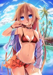 Rule 34 | 1girl, bikini, blonde hair, blue eyes, blush, bracelet, braid, breasts, cloud, contrapposto, cowboy shot, day, dying0414, highres, ia (vocaloid), jewelry, light rays, long hair, looking at viewer, ocean, off shoulder, open mouth, red bikini, ring, sky, small breasts, solo, standing, summer, swimsuit, twin braids, very long hair, vocaloid, water, wet
