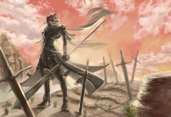 Rule 34 | 1boy, armor, black armor, breastplate, brown hair, cloud, cloudy sky, fake horns, full armor, gauntlets, graves, greaves, grey scarf, helmet, holding, holding polearm, holding spear, holding weapon, horned helmet, horns, male focus, mountain, original, pauldrons, plant, planted, planted sword, planted weapon, polearm, rock, scarf, shoulder armor, sky, solo, spear, standing, sunset, sword, udakyo, weapon, yellow eyes