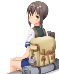 Rule 34 | 10s, 1girl, ame., backpack, bag, bedroll, brown eyes, brown hair, commentary request, cup, from behind, fubuki (kancolle), kantai collection, long hair, looking at viewer, looking back, ponytail, school uniform, serafuku, sidelocks, sitting, smile, solo, yellow eyes
