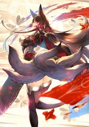 Rule 34 | 1girl, akagi (azur lane), animal ears, azur lane, black gloves, black hair, breasts, fox ears, fox tail, from behind, gloves, large breasts, long hair, looking at viewer, matsumoto tomoyohi, multiple tails, partially fingerless gloves, red eyes, sidelocks, smile, solo, tail, thighhighs