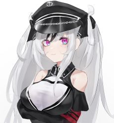 Rule 34 | 1girl, azur lane, black dress, black hat, breasts, closed mouth, crossed arms, dress, elbe (azur lane), hair ribbon, hat, highres, long hair, looking at viewer, lump saury, medium breasts, multicolored eyes, multicolored hair, peaked cap, purple eyes, ribbon, smile, solo, streaked hair, twintails, upper body, white background, white hair
